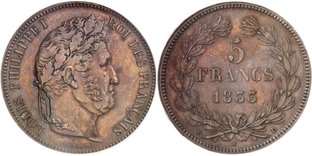 Louis-Philippe Ier (1830-1848)  - Epreuve en bronze de la 5 francs tête laurée 1833 D Lyon - Arche de Noé 