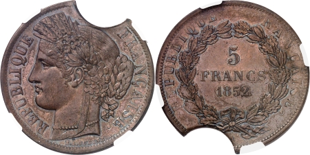 France IIème République (1848-1852) Epreuve hybride en bronze du 5 francs argent - 1852 A Paris