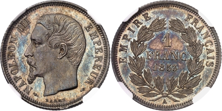 Napoléon III (1852-1870) - Epreuve en argent sur flan bruni du 1 franc - 1853 A Paris