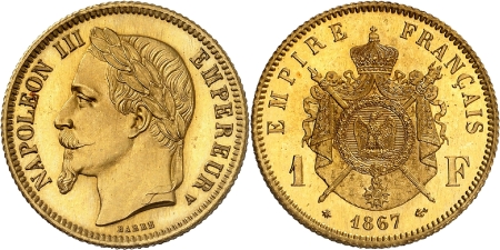 Napoléon III (1852-1870) - Epreuve en or sur flan bruni du franc - 1867 A Paris