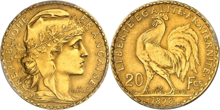 IIIème République (1871-1940) - Epreuve sur flan mat du 20 francs or Coq - 1898 Paris