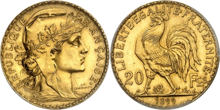 IIIème République (1871-1940) - Essai-piéfort sur flan bruni du 20 francs or Coq - 1899 Paris
