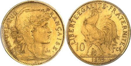 IIIème République (1871-1940) - Essai-piéfort sur flan bruni du 10 francs or Coq - 1899 Paris