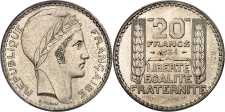 IIIème République (1871-1940) - Epreuve en argent de la 20 francs Turin - 1934