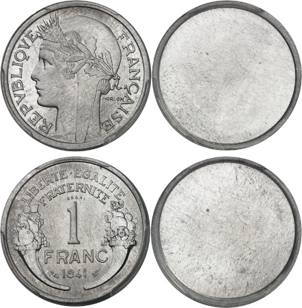 Etat Français (1940-1944) - Paire d'essais unifaces de la 1 franc Morlon - 1941