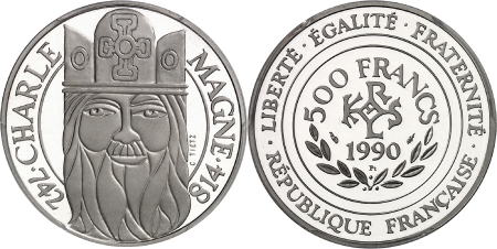 Vème République (1959 à nos jours) - Epreuve en platine sur flan bruni du 500 francs Charlemagne - 1990