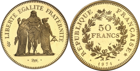 Vème République (1959 à nos jours) - Piéfort en or sur flan bruni de la 50 francs Hercule - 1974