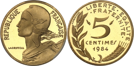Vème République (1959 à nos jours) - Epreuve en or sur flan bruni du piéfort du 5 centimes Lagriffoul - 1984