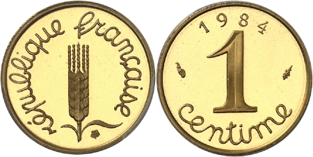 Vème République (1959 à nos jours) - Epreuve en or sur flan bruni du piéfort du centime Epi - 1984