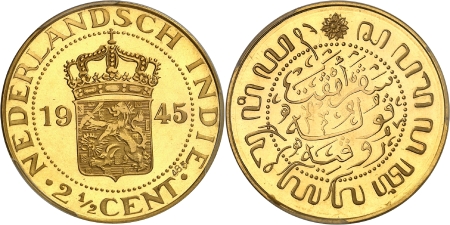 Wilhelmine (1890-1948) - Epreuve en or sur flan bruni du 2 1/2 cent - 1945 Utrecht