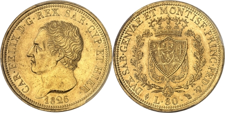 Italie - Sardaigne Charles-Félix (1821-1831) 80 lires or - 1826 L Turin