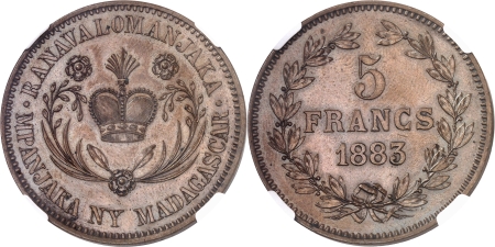 Ranavalona III (1883-1897) - Epreuve en bronze du 5 francs - 3ème type - 1883