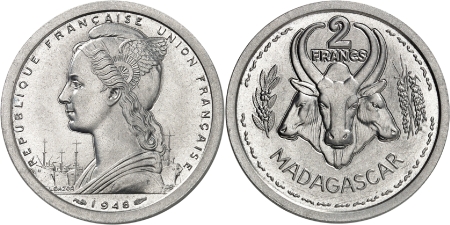 Pré-série du 2 francs aluminium - 1948 - La signature du graveur Bazor est soulignée.