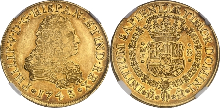 Philippe V (1700-1746) - 8 escudos or - 1743 MF Mexico