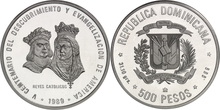(1865-1916/1924 à nos jours) - Epreuve sur flan bruni du 500 peso platine - 1989