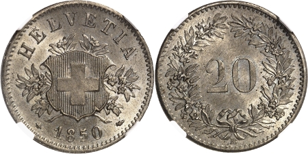 Confédération suisse (1848 à nos jours) - 20 rappen - 1850 BB Strasbourg