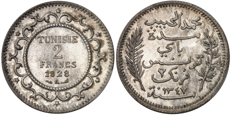 Mohamed El Habib (1340-1348 AH / 1922-1929)  - Epreuve en laiton argenté du 2 francs argent - 1928 A Paris