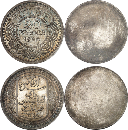 Ahmed Bey (1348-1361 AH/1929-1942) - Paire d'essais unifaces sur flans brunis du 20 francs - 1930 / 1349 AH
