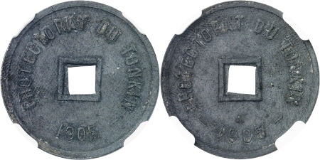 Épreuve en zinc du 1/600 de piastre - 1905 A Paris - Double avers, avec et sans lettre d'atelier.