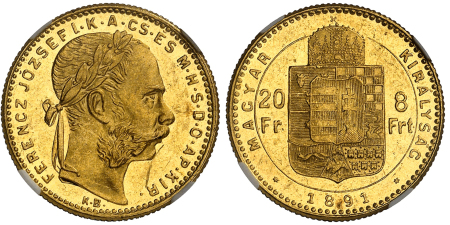20 francs / 8 forint en or «Fiume» - 1891 KB Kremnitz - NGC MS 62 PL