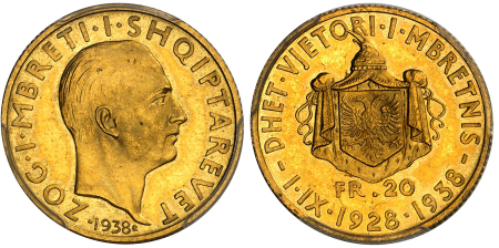 Albanie - 20 francs en or - 1938 R Rome - PCGS MS 64