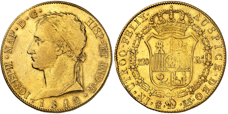 320 réales en or - 1812 Madrid - R.S. - RARE