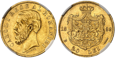 Charles Ier (1866-1914) - 20 lei en or - 1883 B Bucarest - NGC AU 58