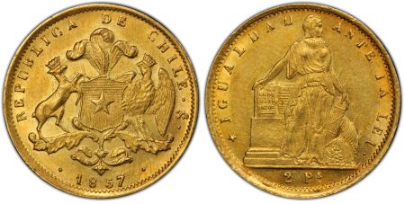 2 pesos 1857 So Santiago - PCGS MS 61